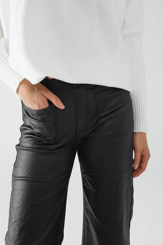 Pantalon en simili-cuir avec jambe large et poches - Pantalons
