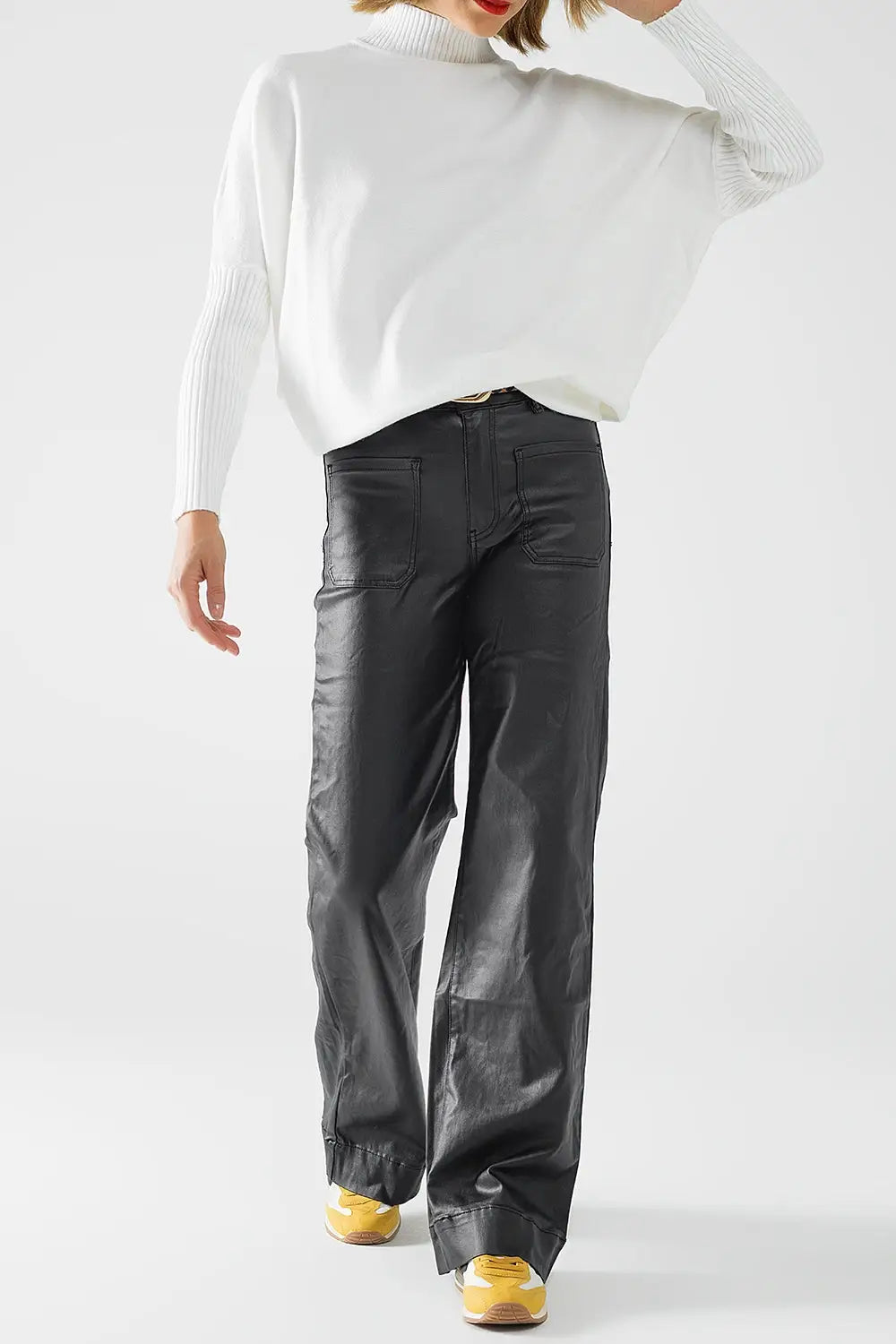 Pantalon en simili-cuir avec jambe large et poches - Pantalons