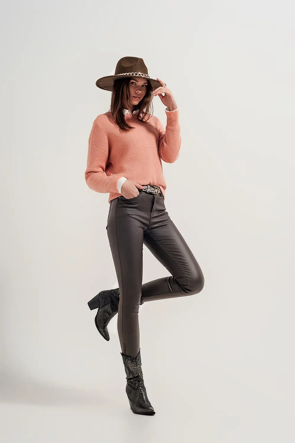 Pantalon en similicuir avec ourlet fendu à fermeture éclair kaki - Pantalons