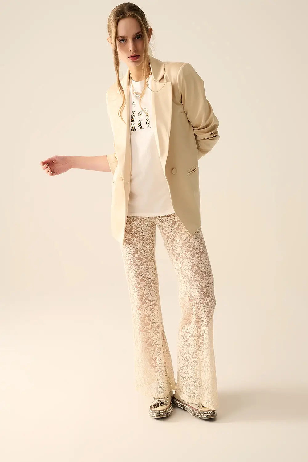 Pantalon évasé crème en dentelle florale - Pantalons