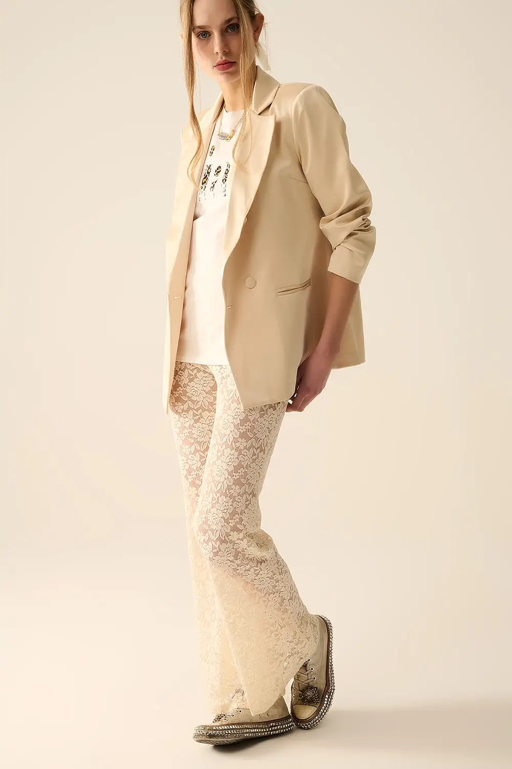 Pantalon évasé crème en dentelle florale - Pantalons