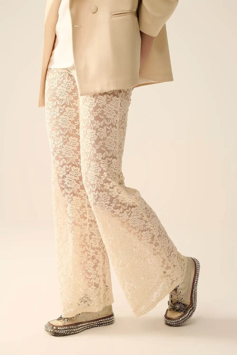 Pantalon évasé crème en dentelle florale - Pantalons