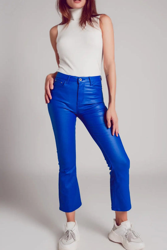 Pantalon évasé en similicuir stretch bleu - Pantalons
