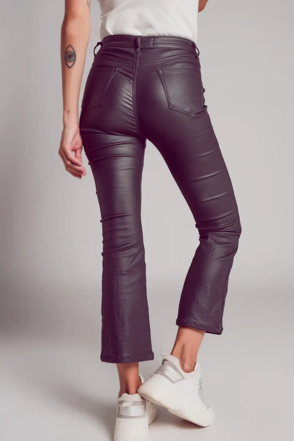 Pantalon évasé en similicuir stretch gris - Pantalons