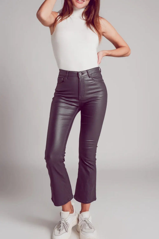 Pantalon évasé en similicuir stretch gris - Pantalons