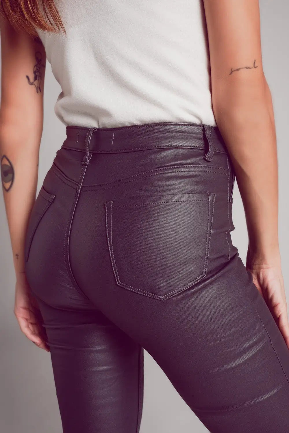 Pantalon évasé en similicuir stretch gris - Pantalons
