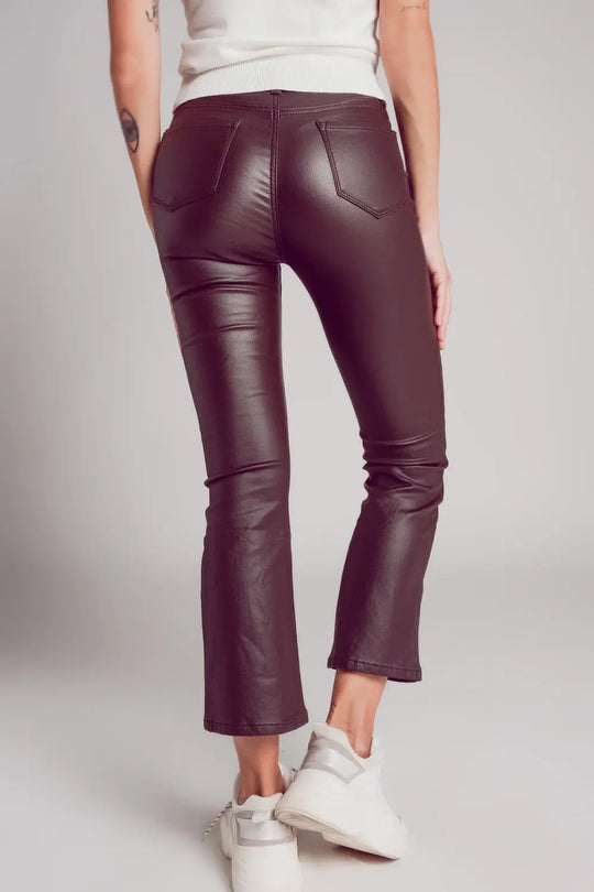 Pantalon évasé en similicuir stretch marron - Pantalons