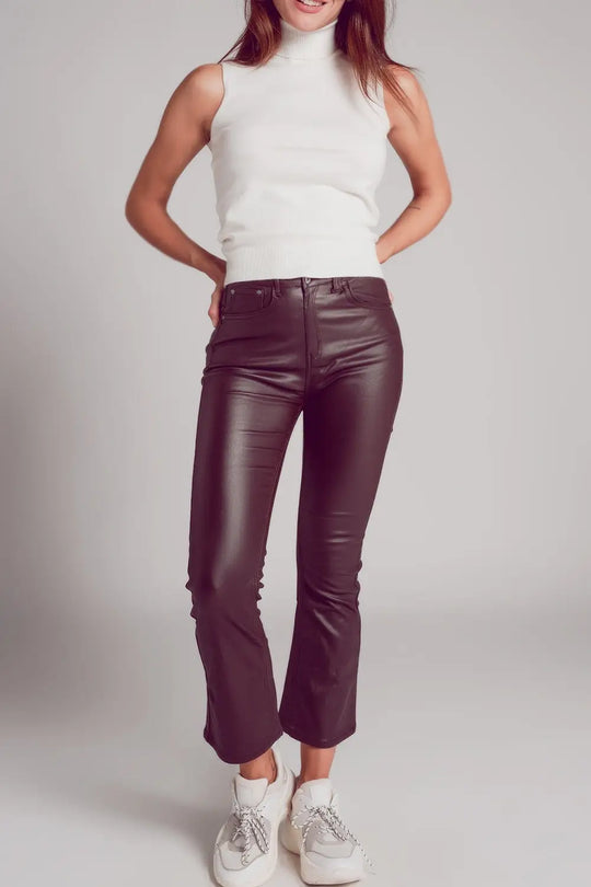 Pantalon évasé en similicuir stretch marron - Pantalons