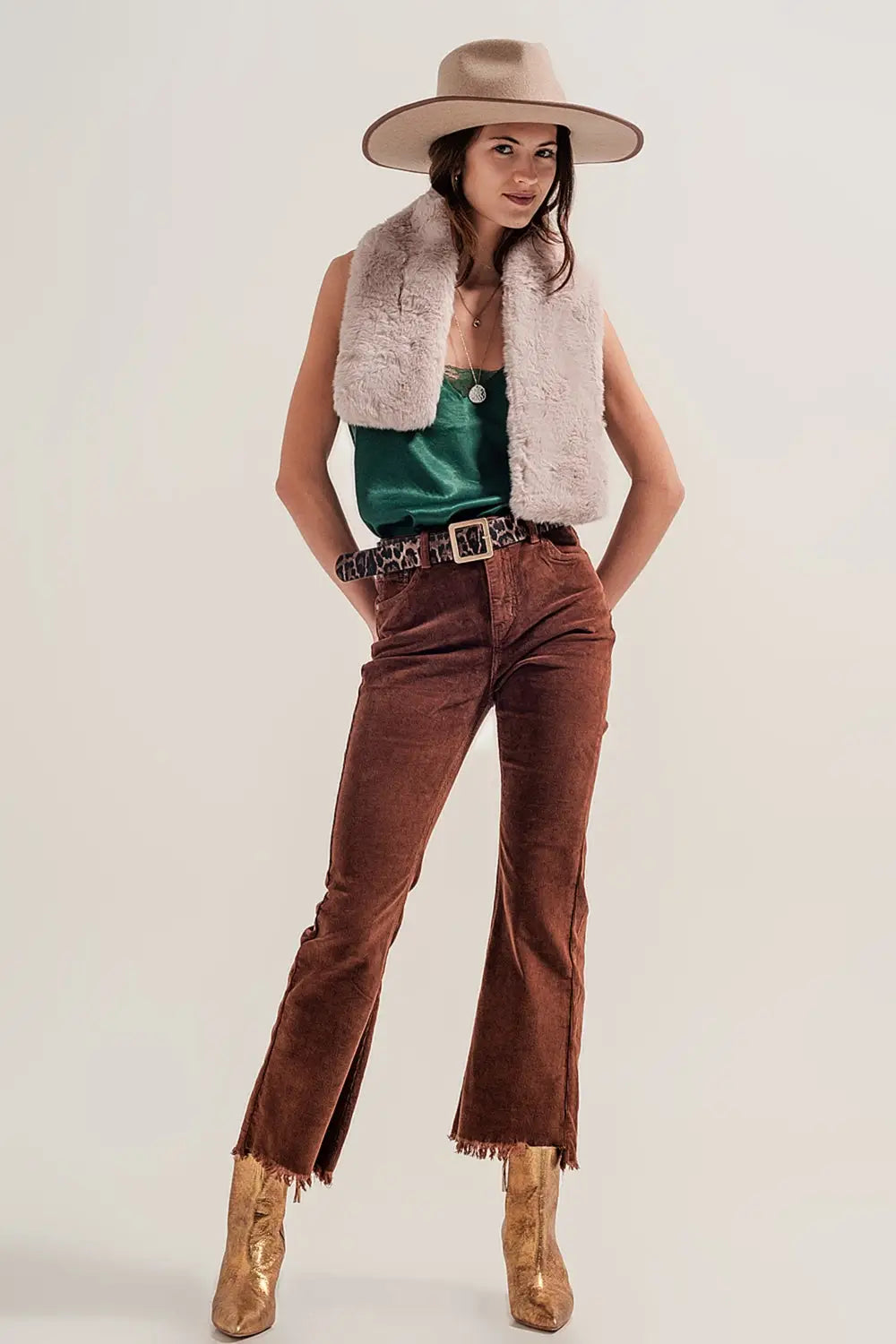 Pantalon évasé en velours côtelé marron - Pantalons