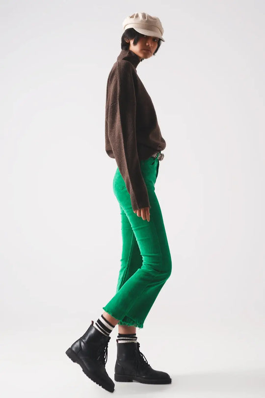Pantalon évasé en velours côtelé vert foncé - Pantalons