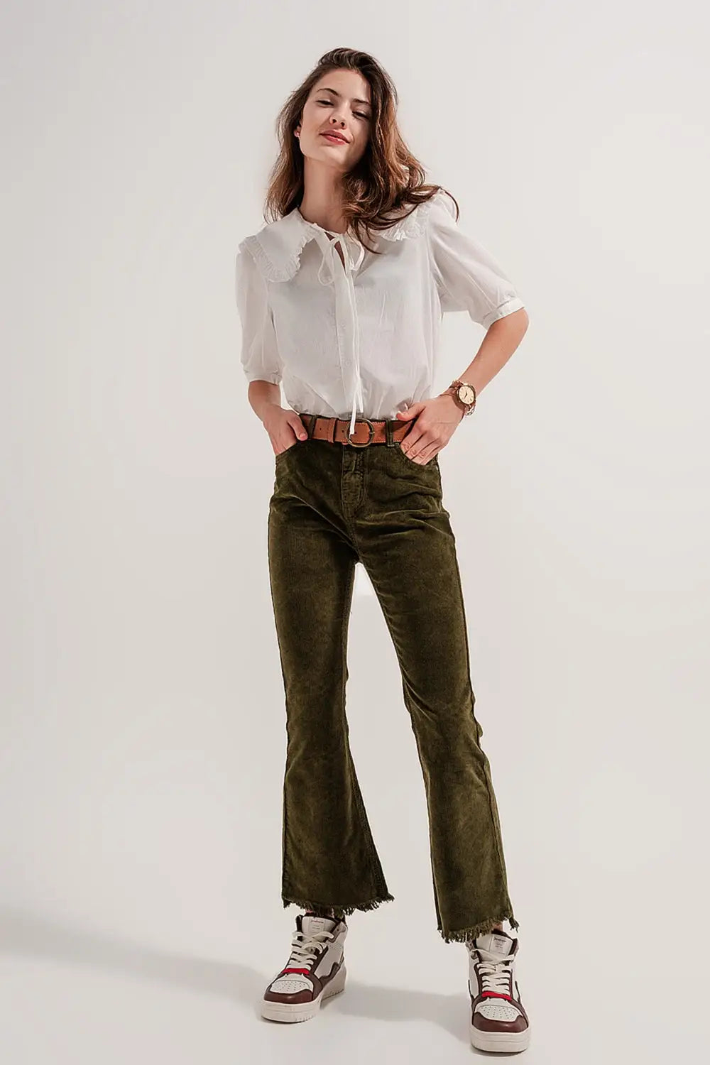 Pantalon évasé en velours côtelé vert - Pantalons