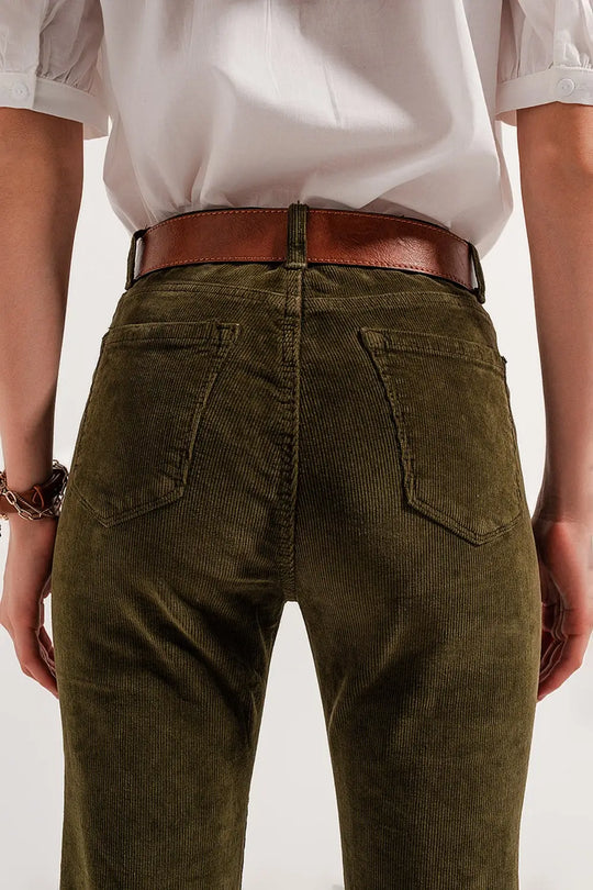 Pantalon évasé en velours côtelé vert - Pantalons