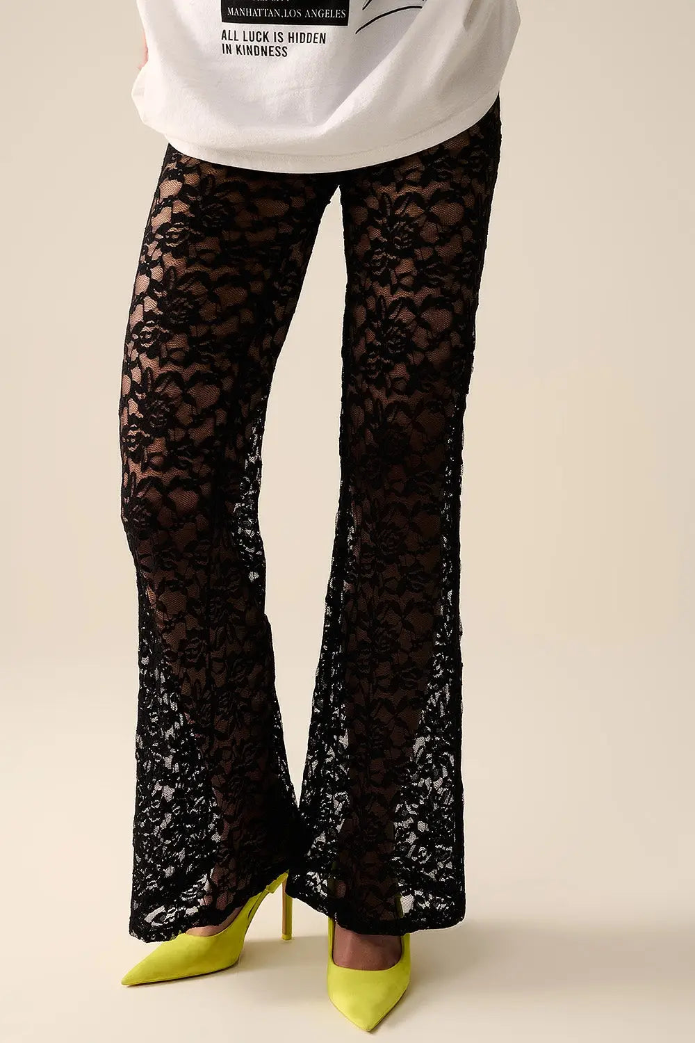 Pantalon évasé noir en dentelle florale - Pantalons