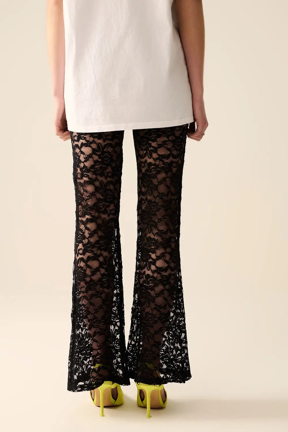Pantalon évasé noir en dentelle florale - Pantalons
