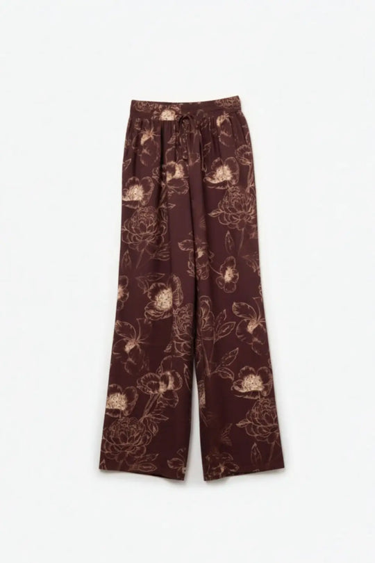 Pantalon fluide et léger bordeaux à imprimé floral automnal - Pantalons