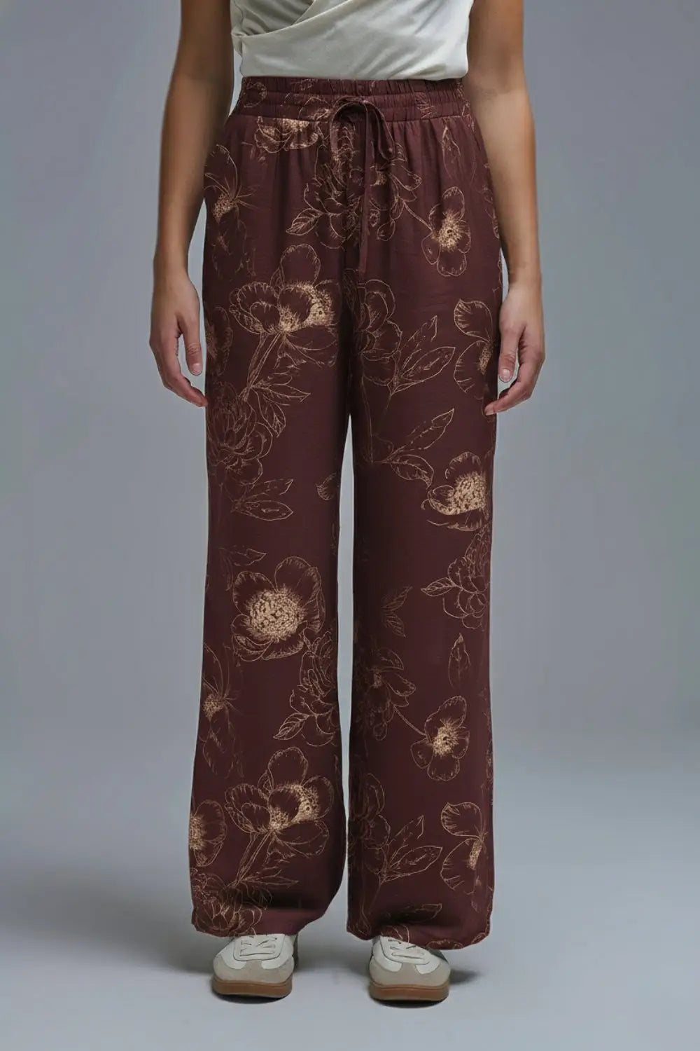 Pantalon fluide et léger bordeaux à imprimé floral automnal - Pantalons