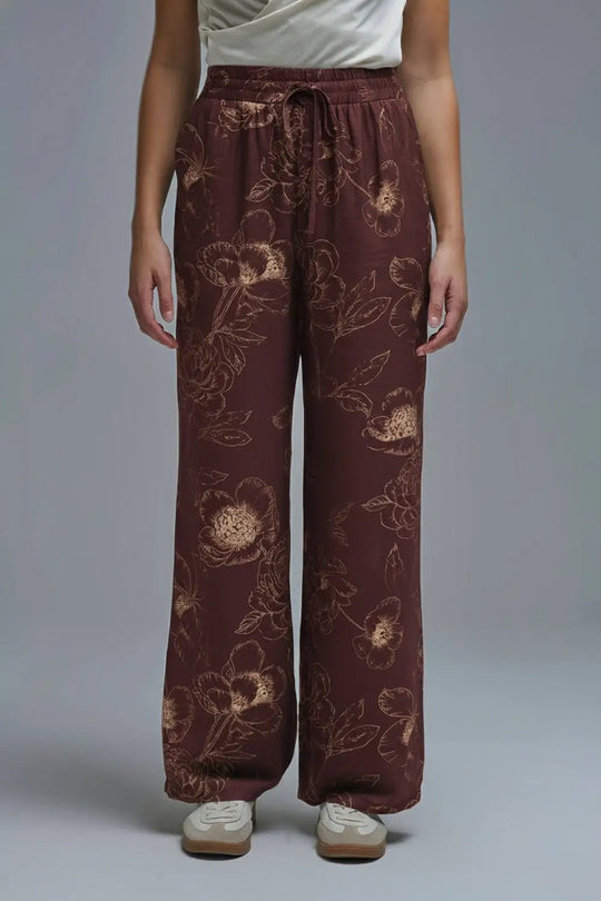 Pantalon fluide et léger bordeaux à imprimé floral automnal - Pantalons
