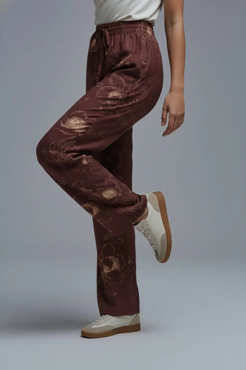 Pantalon fluide et léger bordeaux à imprimé floral automnal - Pantalons