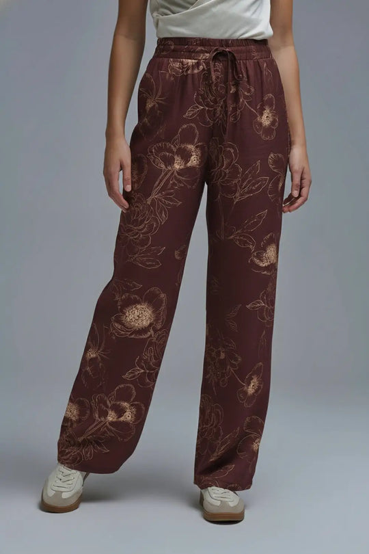 Q2 Pantalon fluide et léger bordeaux à imprimé floral automnal