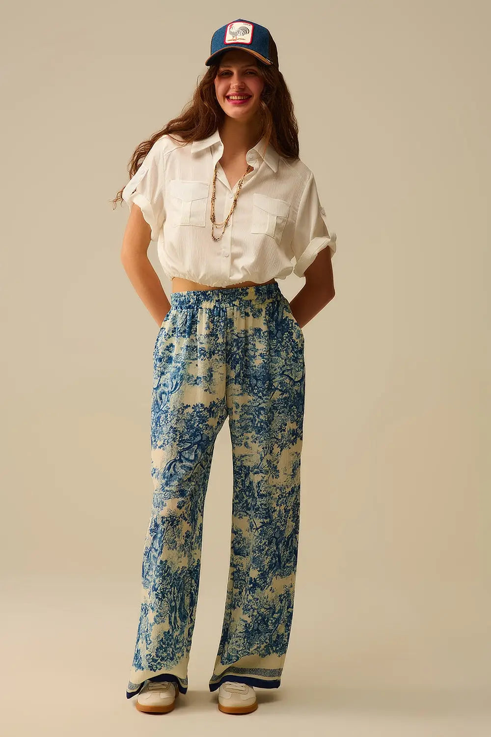 Pantalon fluide imprimé Toile de Jouy avec taille élastique - Pantalons