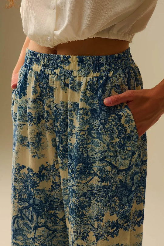 Pantalon fluide imprimé Toile de Jouy avec taille élastique - Pantalons