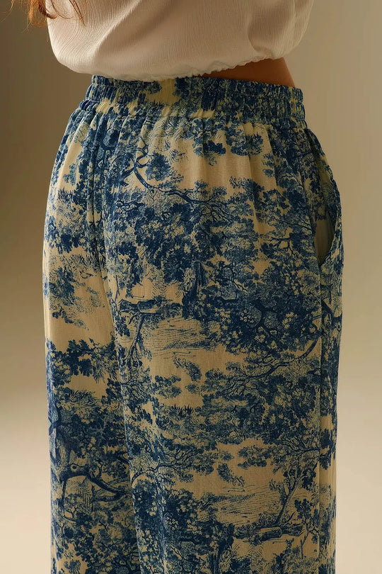 Pantalon fluide imprimé Toile de Jouy avec taille élastique - Pantalons