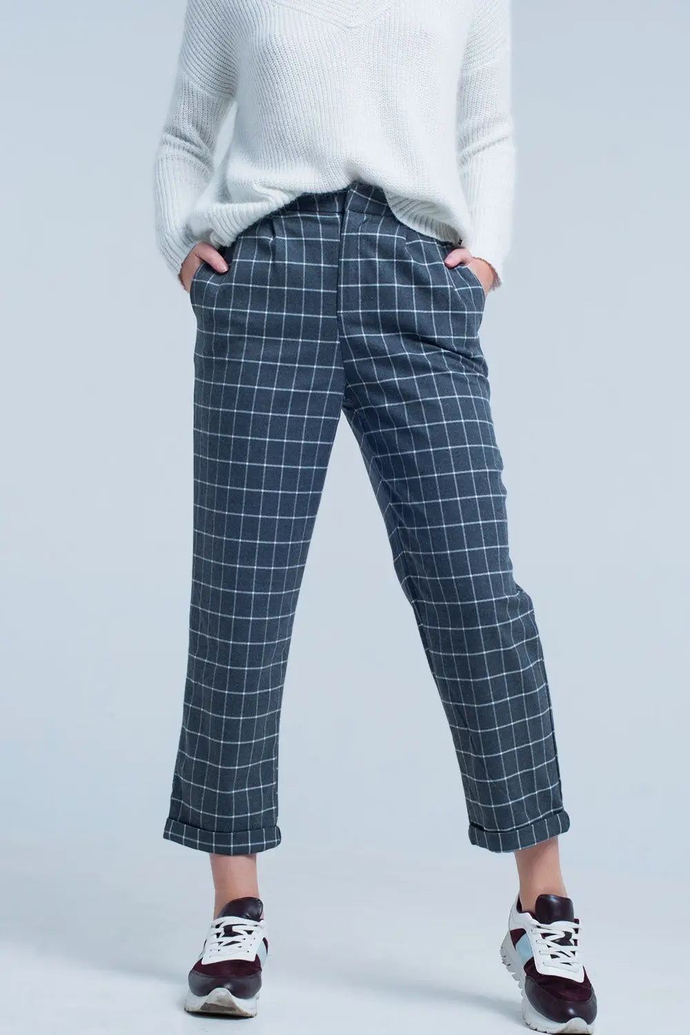 Pantalon gris à carreaux blanc - Pantalons