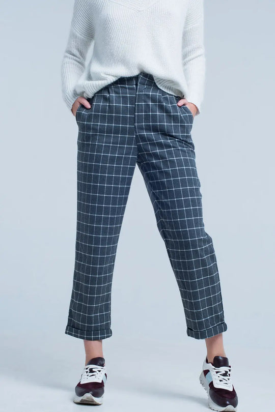 Pantalon gris à carreaux blanc - Pantalons