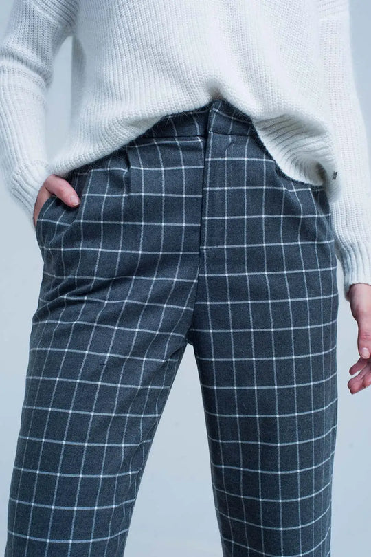 Pantalon gris à carreaux blanc - Pantalons