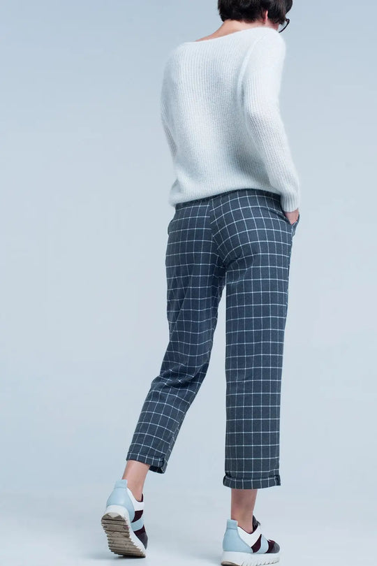 Pantalon gris à carreaux blanc - Pantalons