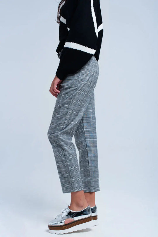 Pantalon gris à motif tartan - Pantalons