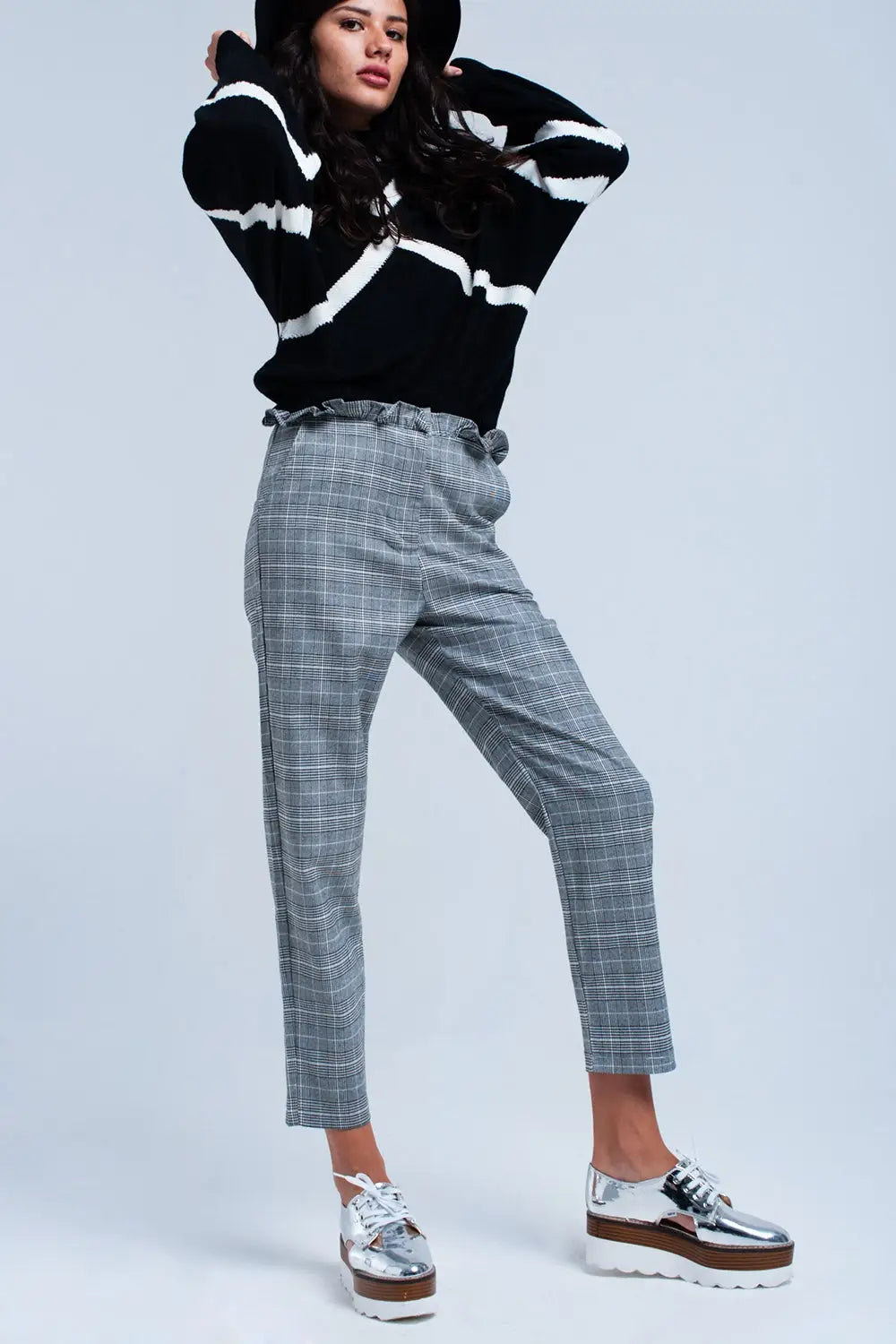 Pantalon gris à motif tartan - Pantalons