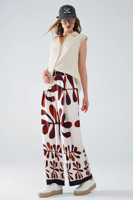 Pantalon large à imprimé abstrait en blanc et marron - Pantalons