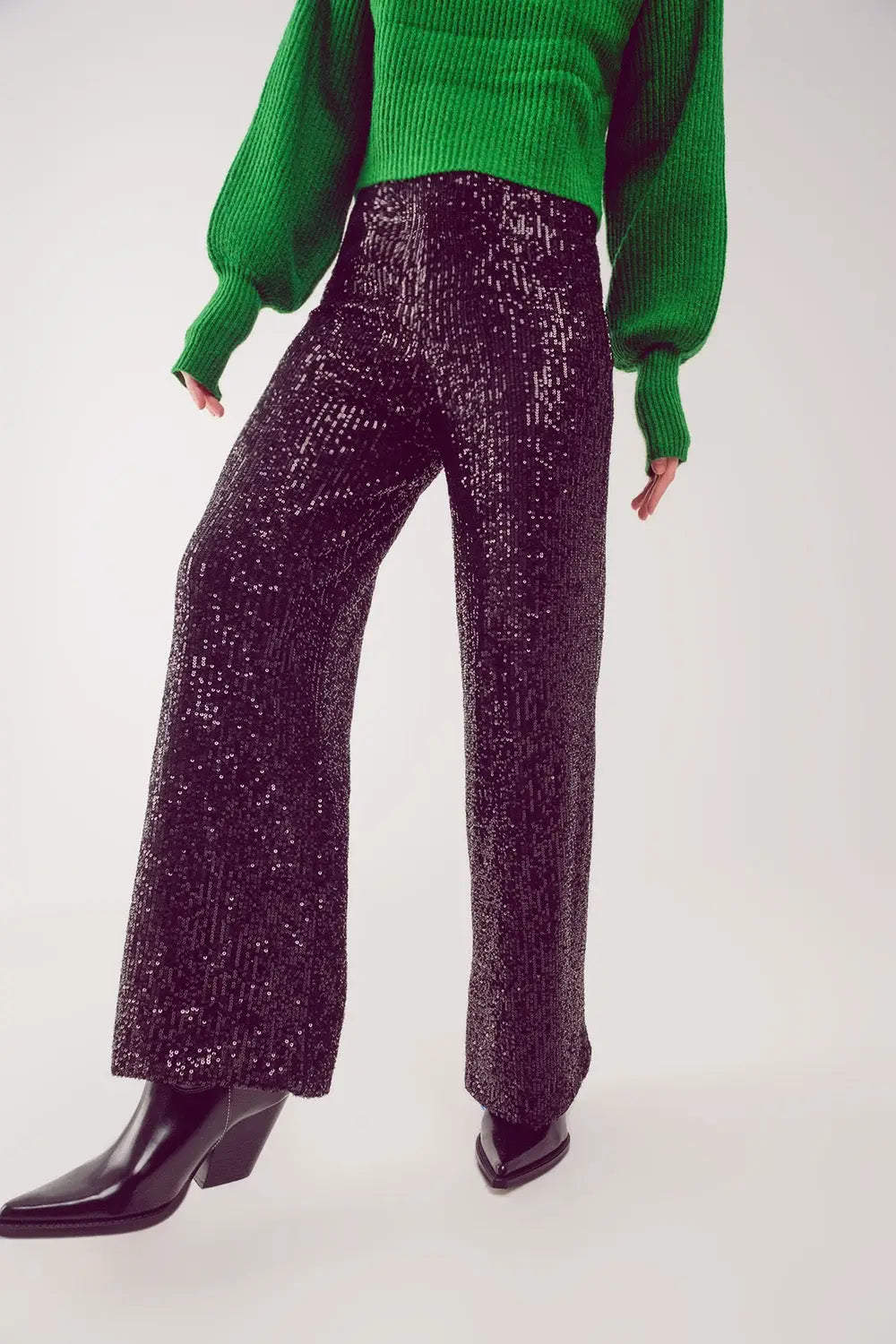 Pantalon large à paillettes en noir - Pantalons