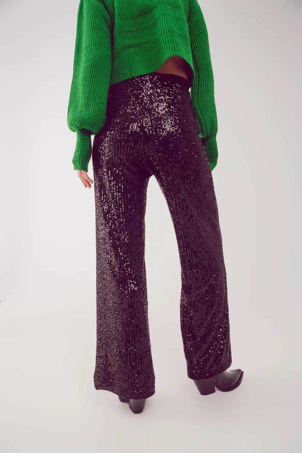 Pantalon large à paillettes en noir - Pantalons