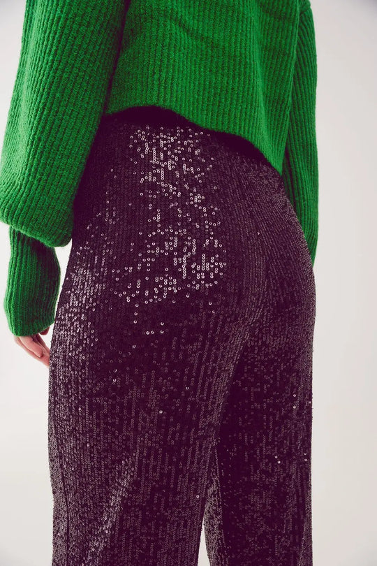 Pantalon large à paillettes en noir - Pantalons