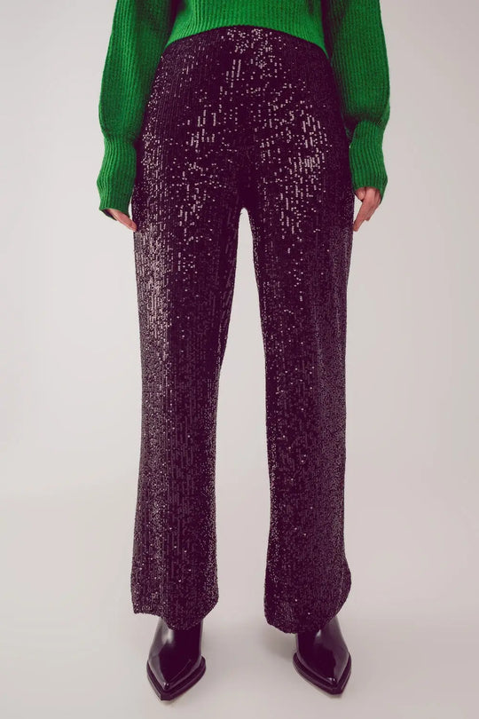 Pantalon large à paillettes en noir - Pantalons