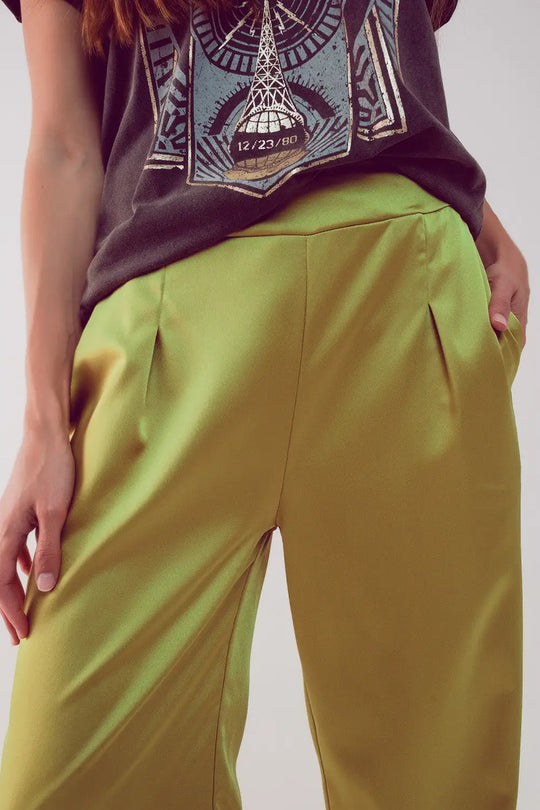 Pantalon large à pinces en satin citron vert - Pantalons