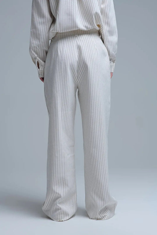 Pantalon large à rayures chic de couleur crème avec coupe doublée - Pantalons