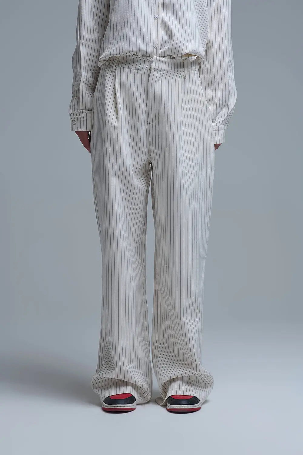 Q2 Pantalon large à rayures chic de couleur crème avec coupe doublée