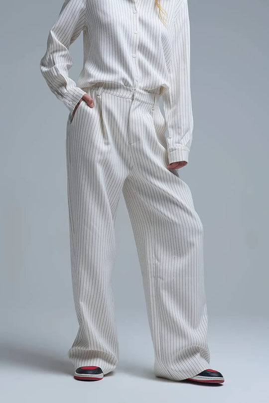 Pantalon large à rayures chic de couleur crème avec coupe doublée - Pantalons