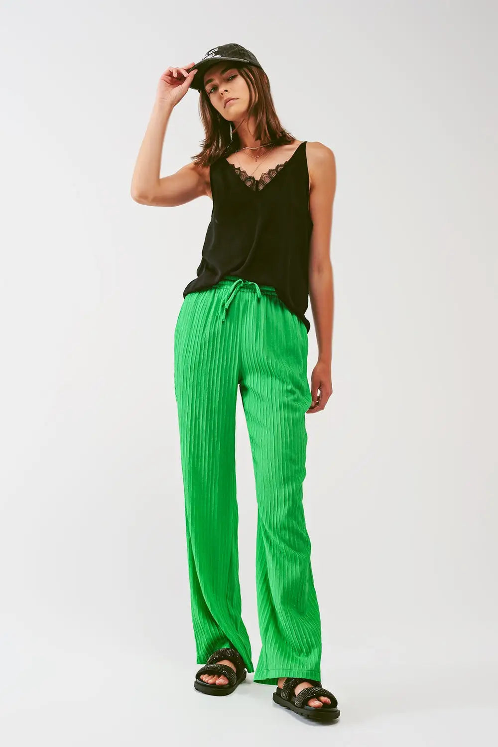 Pantalon large à rayures en vert - Pantalons