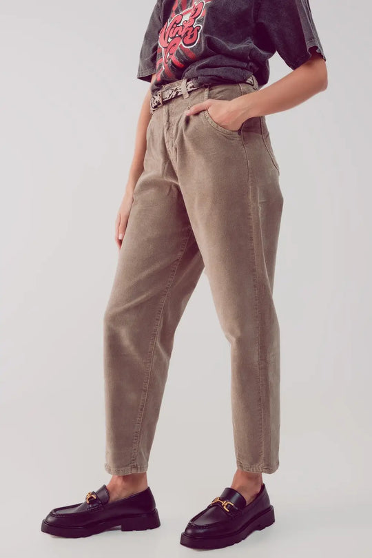 Pantalon large à taille haute slouchy en velours côtelé beige - Pantalons