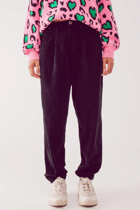Pantalon large à taille haute slouchy en velours côtelé noir - Pantalons