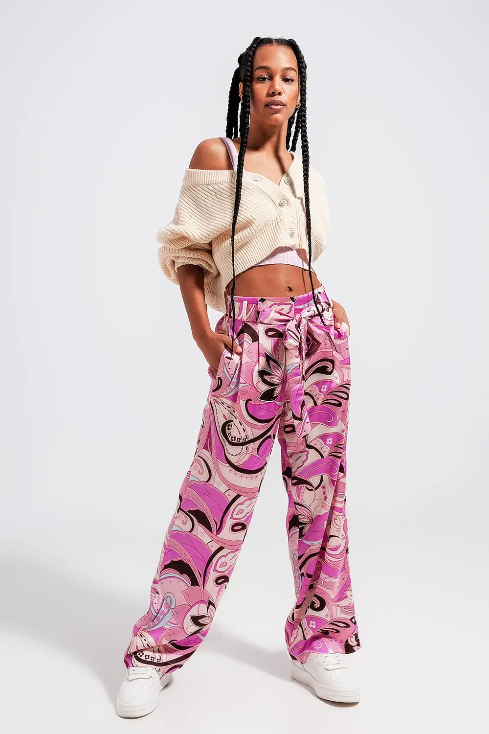 Pantalon large avec ceinture rose - Pantalons