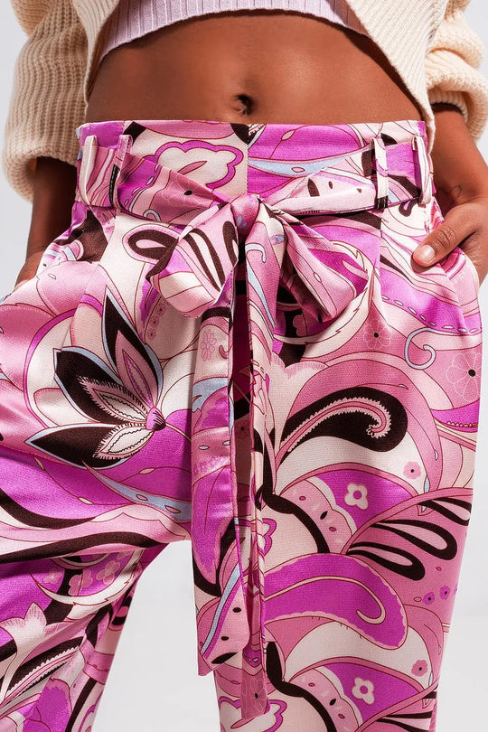 Pantalon large avec ceinture rose - Pantalons
