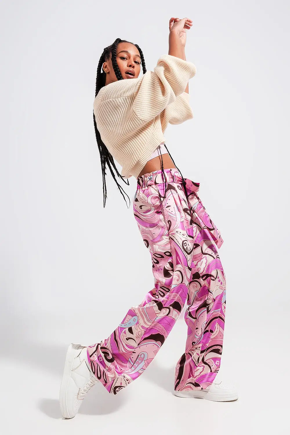 Pantalon large avec ceinture rose - Pantalons