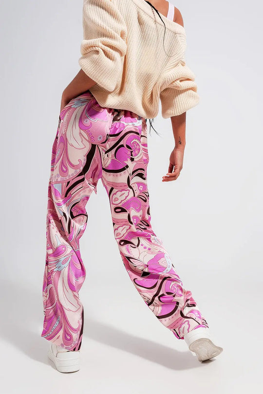 Pantalon large avec ceinture rose - Pantalons