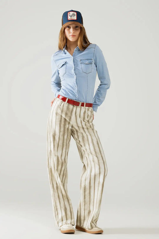 Pantalon large beige à rayures élastiques - Pantalons