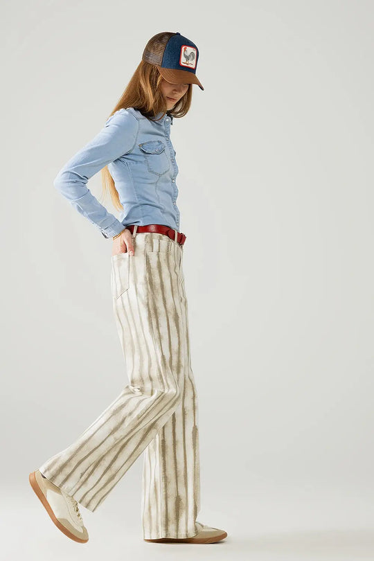 Pantalon large beige à rayures élastiques - Pantalons